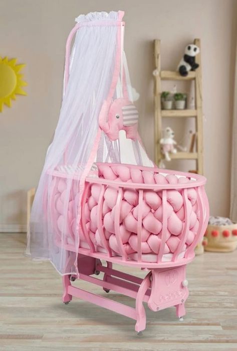 Бебешка дървена кошара-люлка с обиколник, чаршафи и балдахин със стойка