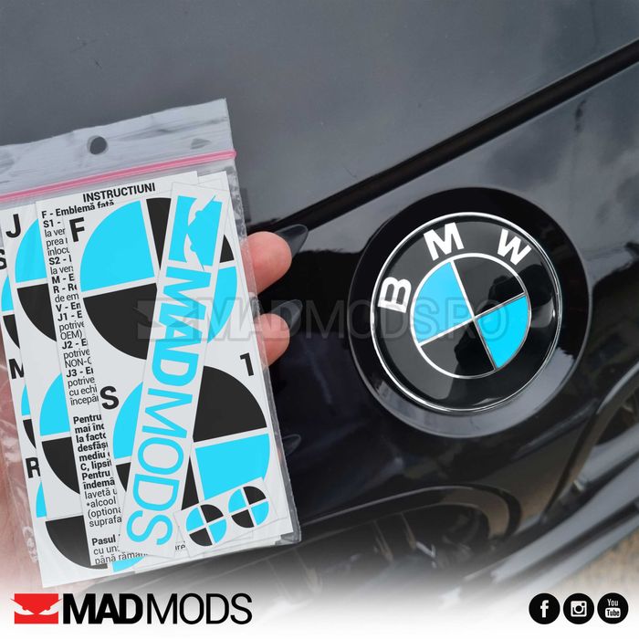 Set Stickere Embleme Negru cu Albastru BMW Seria 1 2 3 4 5 6 7 8 X i M