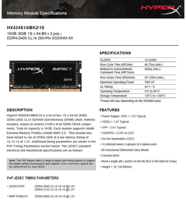 Memorii RAM DDR4 2400 16GB Kit (2x8) HyperX Impact XMP 2.0 SODIMM