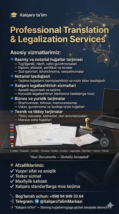Turli horijiy tildagi hujjatlar, maqolalar, kitoblar tarjima qilish.
