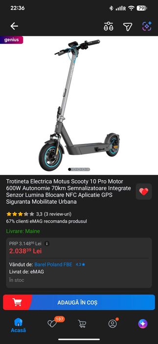 Scuter electric Motus Scooty 10 Pro Motor 600W Autonomie 70km Semnalizatoare Integrate Senzor Lumina Blocare NFC Aplicatie GPS Siguranta Mobilitat
