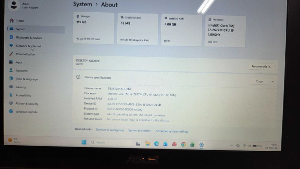 Asus ux21e i7, 4 gb mem. 1,8 ghz ultra subtire