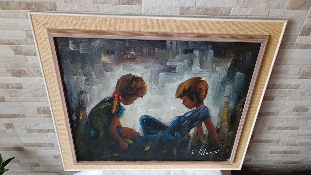 Стара картина "Деца" - маслени бои на платно - 73/63см