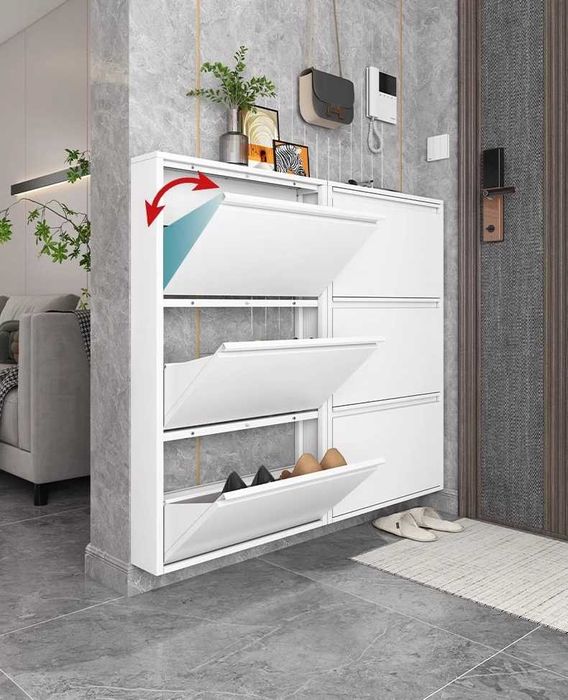 Узкая настенная обувница/Обувной шкаф настенный с полками