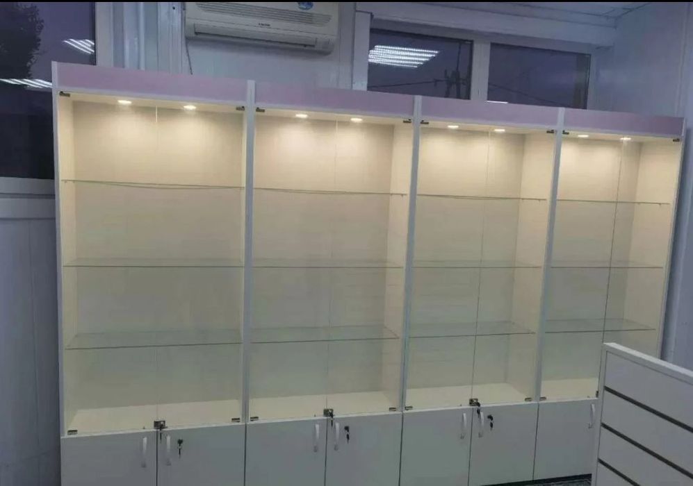 Apteka va magazinlar uchun mebel pirlafka polka vitrina shkaf yasaymiz