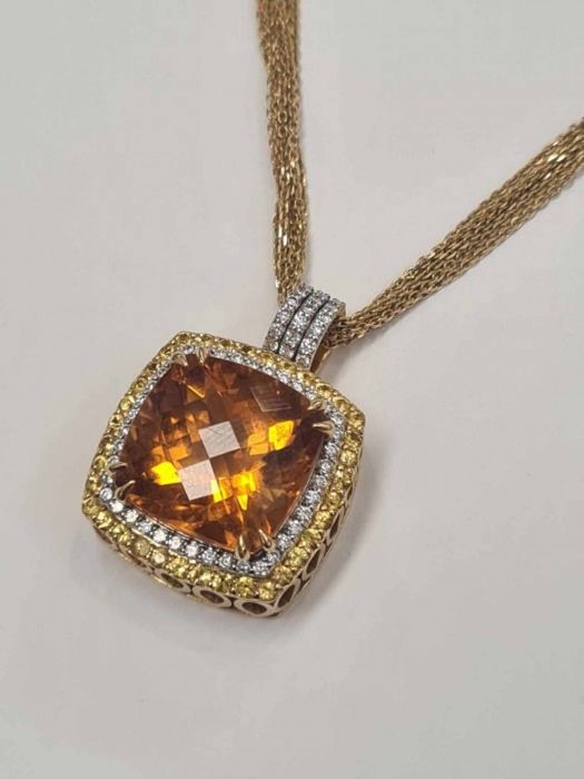 Colier, lant si pandantiv aur galben 18k, cu citrin natural, safire