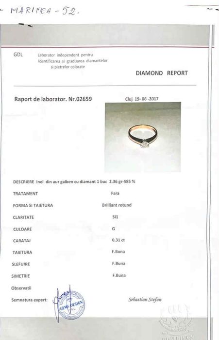 Inel aur galben 14k 2,2 grame cu diamant de 0.31 si certificat