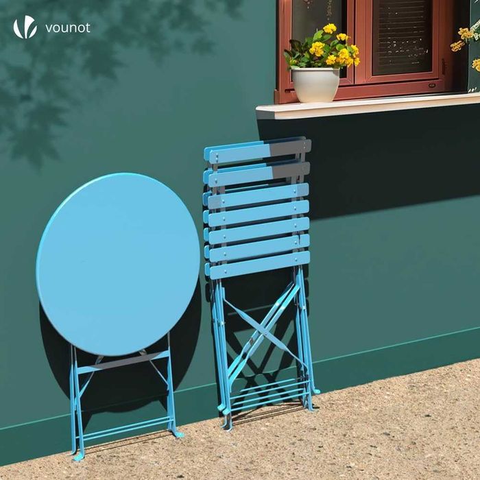 Set Bistro VOUNOT, 3 piese , masa Bistro pliabila cu 2 Scaune , metal , albastru marin