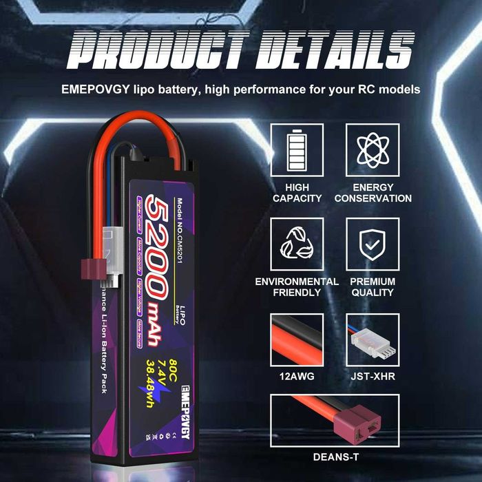 Baterii Lipo 7.4V 2S 5200mAh 80C Lipos, conector T  vehicule RC 1/8 1/10,pachet 2buc,sigilat