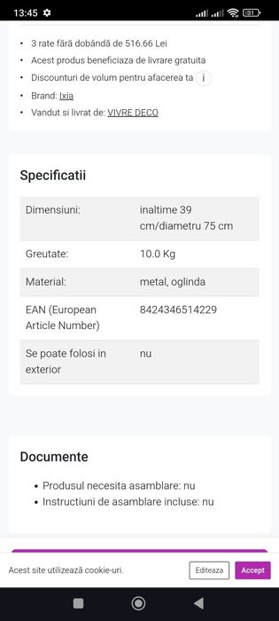 Măsuță cafea ceai Ixia Spania metal și oglindă