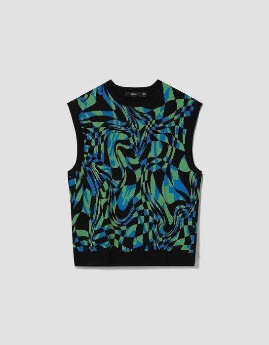 Мъжка плетена жилетка с психеделичен принт Bershka, 100% полиамид, XL