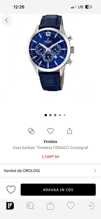 Ceas barbati FESTINA Timeless F20542/2 Cronograf, Nou, nefolosit, albastru