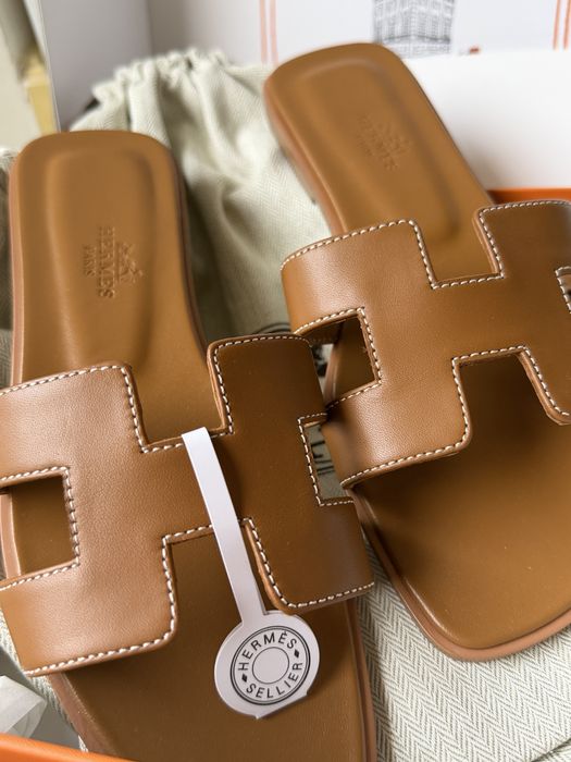 Шлепки Hermes Oran коричневые 1:1, 37 premium