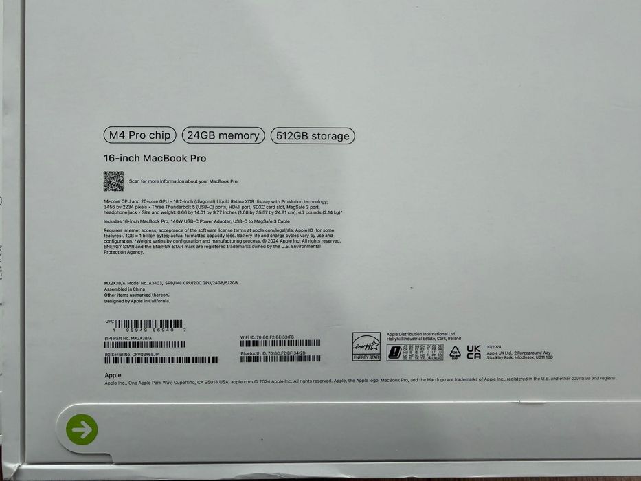 ЧИСТО НОВИ MacBook Pro 16" M4 PRO Chip 14-CPU/20-GPU/24RAM/512GB SSD