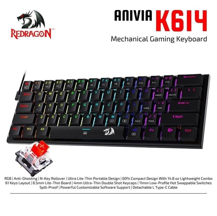 Redragon ANIVIA RGB Механическая Клавиатура 60% свитчи Red