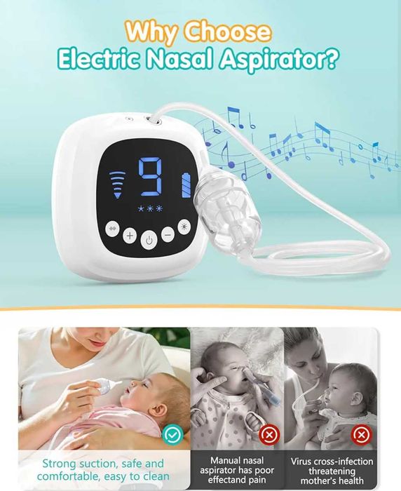 Бебешки назален аспиратор,засмукване 9 нива,музика,светлина,различни накрайници,акумулаторен нов