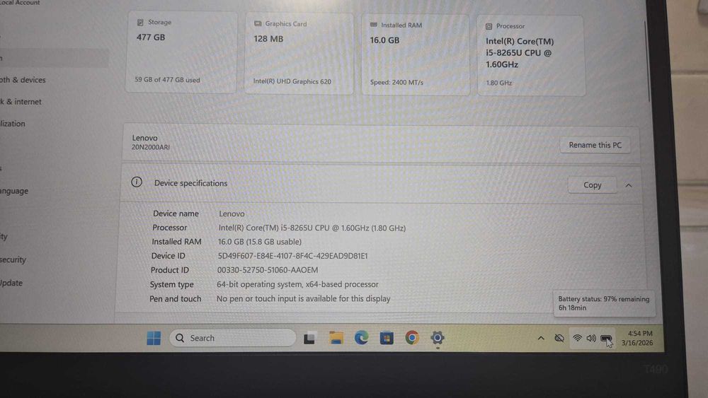 Vând laptop Lenovo ThinkPad T490 i5 16GB RAM 512 SSD