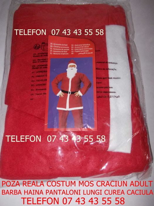 Costum MOS CRĂCIUN pentru adult,Barba Haina Pantaloni Caciula si Curea