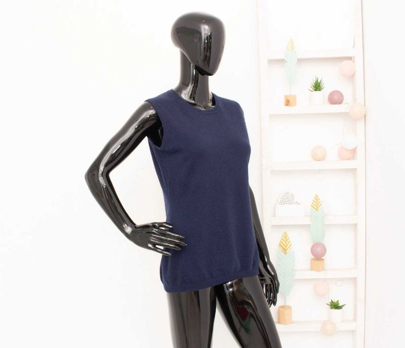 Дамски 100% кашмирен пуловер без ръкав тъмно син елек L