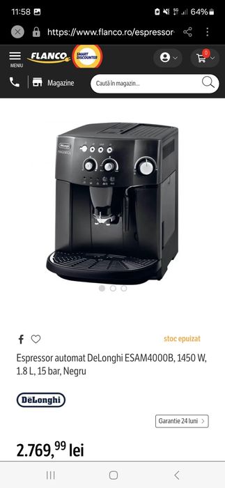 Vand Expressor Delonghi Magnifica 1450 Wati 15 Bari
