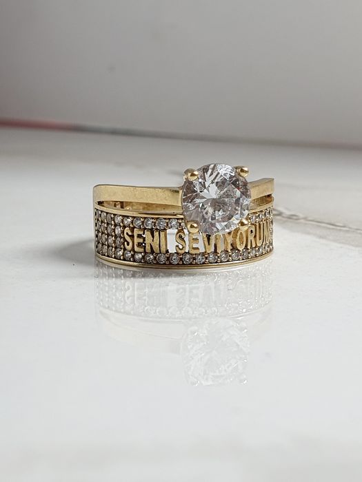 Inel din aur 14K cu zirconiu și mesaj „Seni Seviyorum” – mărimea 56