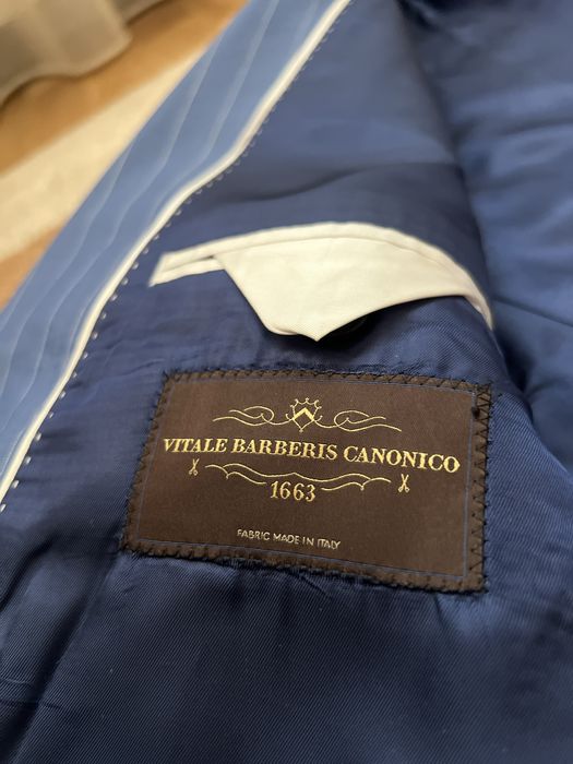 Costum barbati Vitale Barberis Canonico albastru dungi albe 48