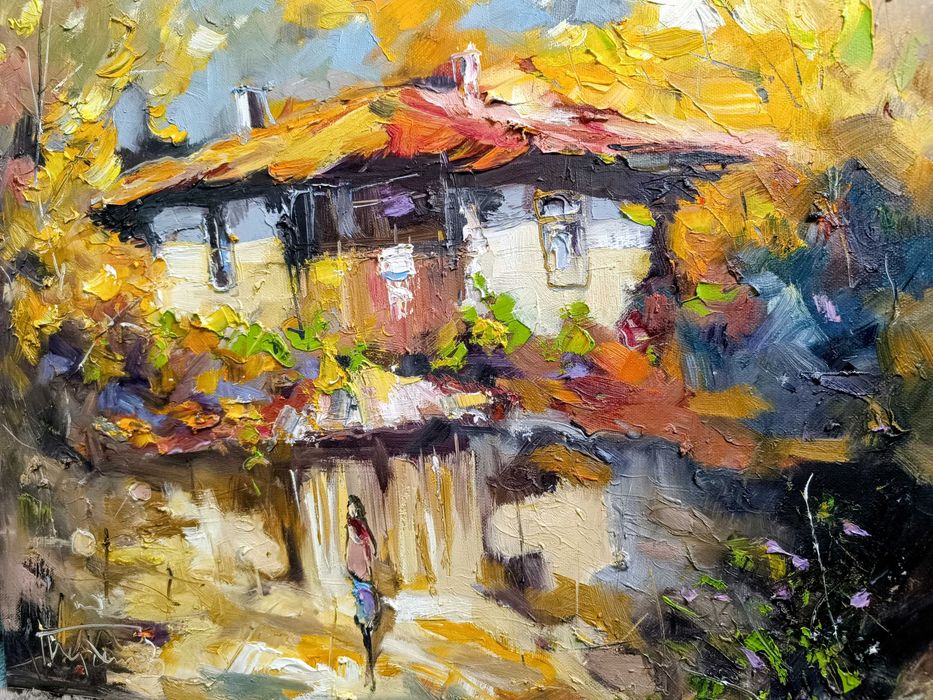 Рисувана, маслена картина на художник Йорданов "Заминаване"