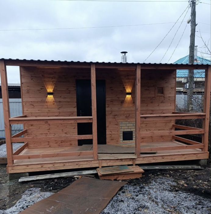 Баня каркасная с террасой