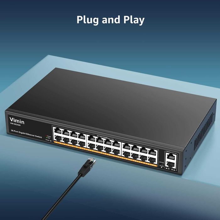 Switch rețea negestionat Gigabit Ethernet Vimin VM-GS-2420 24 port 2 port Uplink 1Gb,Suport IEEE802.3af/at VLAN montare rack 19 inch Plug and Play