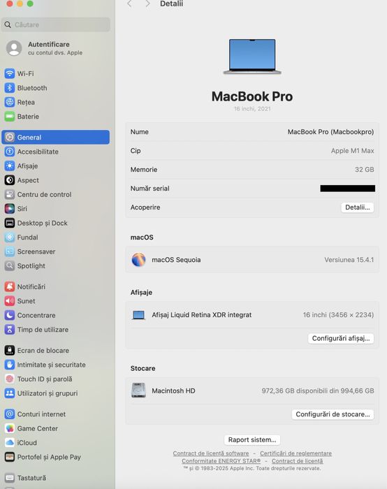 MacBook Pro 16-inch/ M1 MAX / 32 Gb RAM / 1 TB / Space Gray  / Ca nou