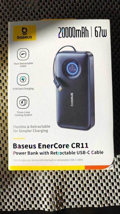Baseus външна батерия 20 000 mAh вграден прибиращ се USB-C кабел, 67 W