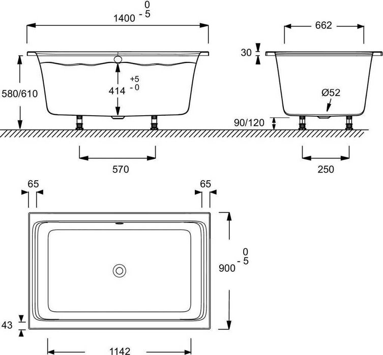 Компактна вана-душ 120×80 и 140х90 см с крачета – Jacob Delafon E6D122