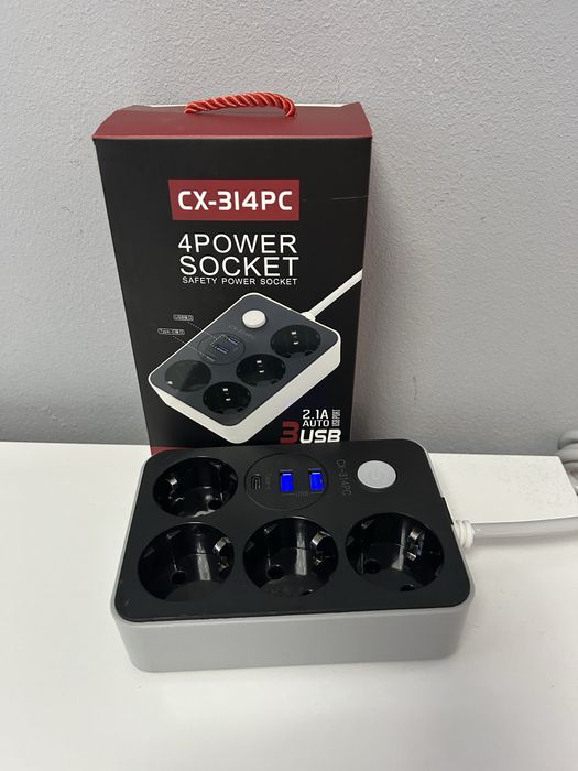 Prelungitor ALFTEC CX-314PC, 4 prize cu împământare, 3 porturi USB, cablu 2m