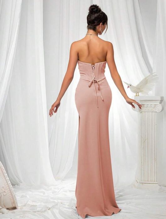 Чисто нова Елегантна, официална, дълга розова рокля с цепка, размер L  Л, за бал или гост на сватба