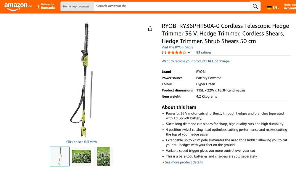 Trimmer telescopic RYOBI RY36PHT50A-0 36 V