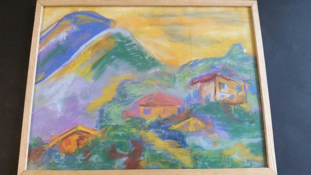 Къща в подножието на планината. Рисувана  с акварелни бои. Само 19 лв.