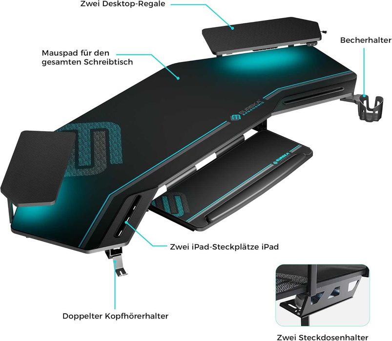 Masa Birou Gaming EUREKA ERGONOMIC 182x76 cm cu LED – Nou