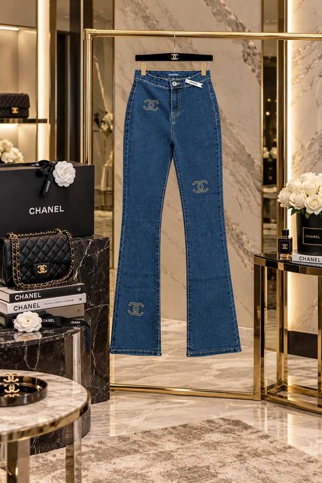 дамски дънки с висока талия шанел нови тъмно сини chanel панталон