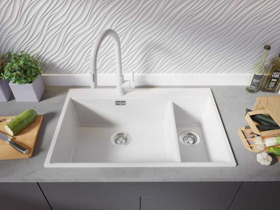 Бяла кухненска гранитна мивка Осло 80 Duo Top 780x500 мм