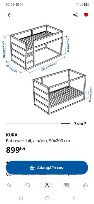 Vând pat reversibil KURA IKEA 90x200 cm – stare excelentă + perdea inclusă