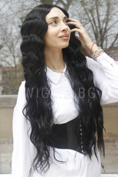 Дълга черна къдрава лейс фронт перука Роберта