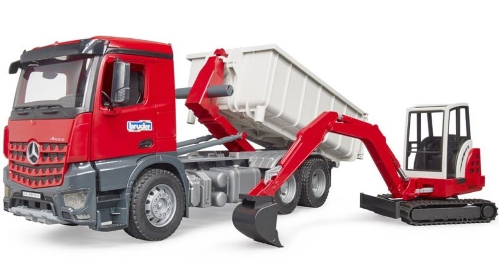 BRUDER Камион с въртящ се контейнер и мини багер MERCEDES BENZ AROCS