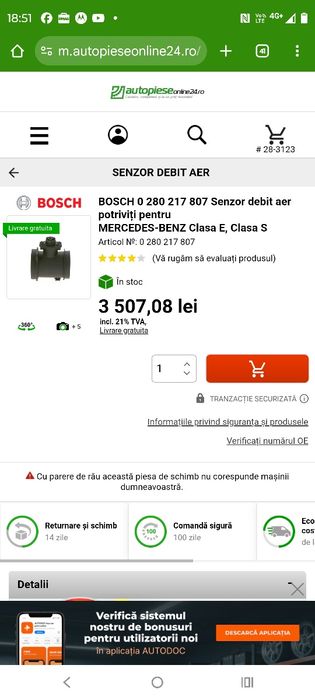 Debitmetru aer  Mercedes-Benz -000.094.07.48 l-Bosch 0-280-217-807