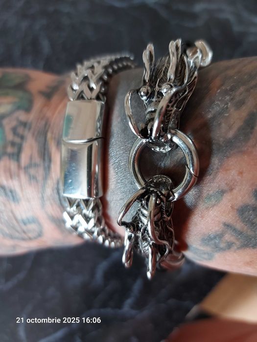 Bratara dama inox si pt barbat inox cu piele si capuri dragon