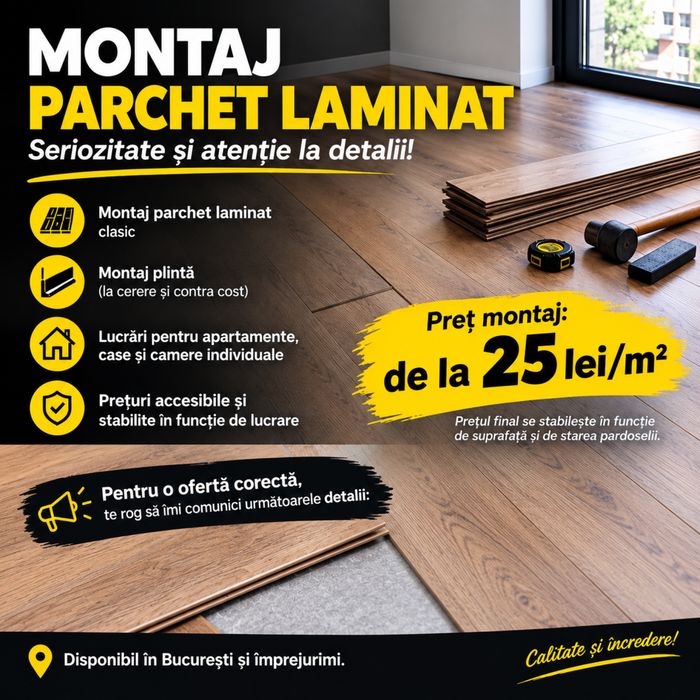 Montaj parchet laminat Bucuresti – de la 25 lei/m² | Seriozitate si preturi accesibile