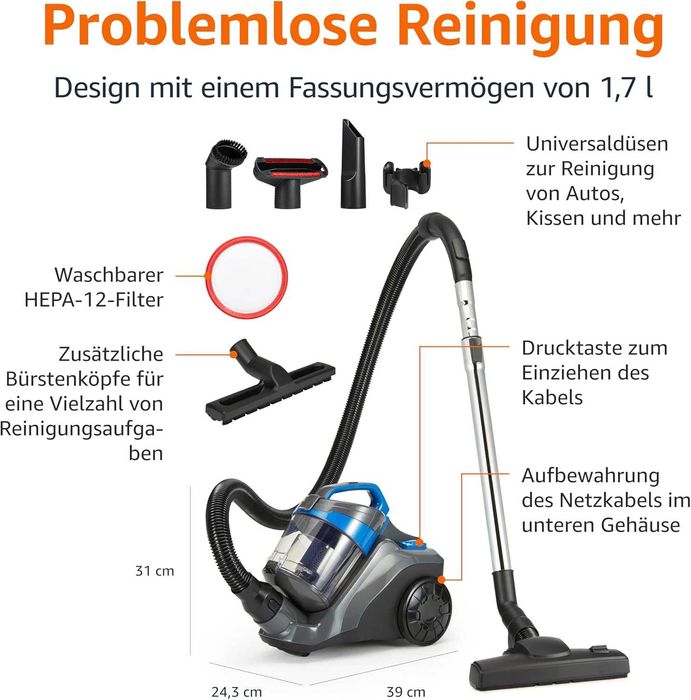 Прахосмукачка без торба Amazon Basics, 1,7л, HEPA филтър, 850 W, лека