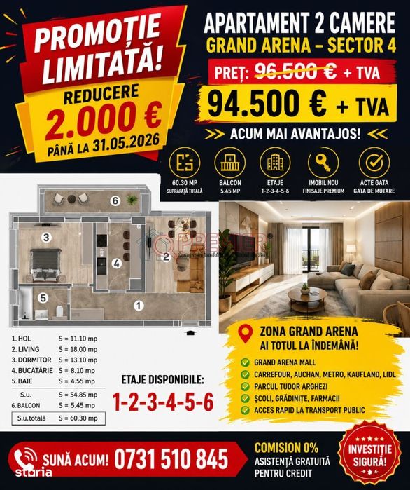 REDUCERE 2.000 € | 2 Camere Grand Arena - Postalionului