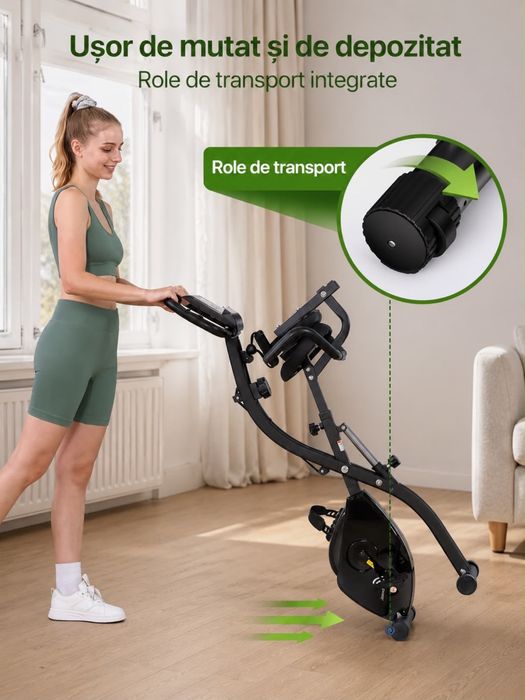 Bicicletă fitness pliabilă Sportneer 5 în 1 – nouă, cu spătar, benzi elastice și ecran LCD | Suportă până la 110 kg