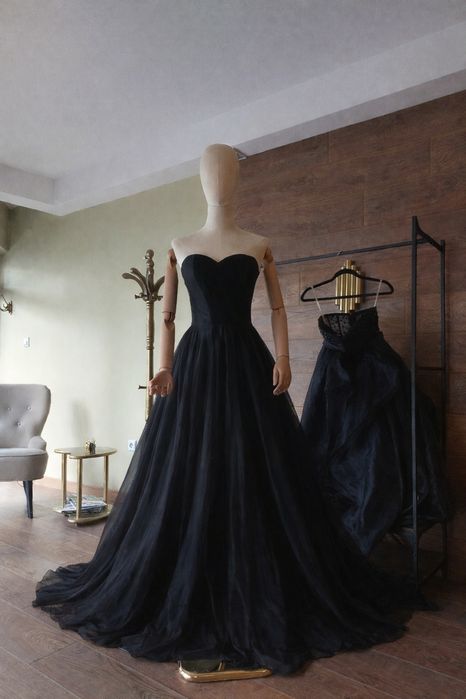 Дълга официална рокля без ръкави с корсет Черен бален тоалет