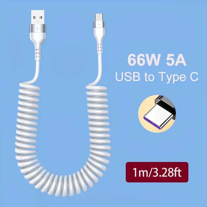 Cablu USB C flexibil  66W 5A încărcare rapida telescopic pt. auto 1m